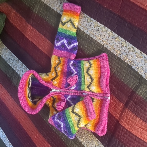 Handmade knit cowichan style boho rainbow wool zip front hooded baby sweater - Picture 4 of 16
